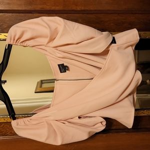 Free Press Short Puff Blouse Solid Pink Surpluce Neck Zip Back